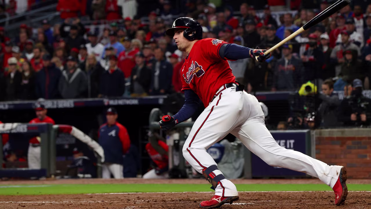 Austin Riley of the Atlanta Braves hits an RBI double against the Houston Astros during the third inning.