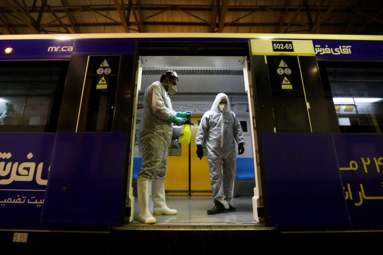 Tehran Municipality workers clean a metro train to avoid the spread of coronavirus on February 26.