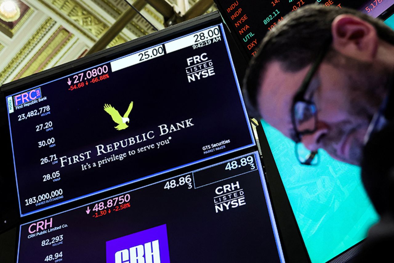 A trader works at the post where?First?Republic?Bank is traded on the floor of the New York Stock Exchange on March 13.