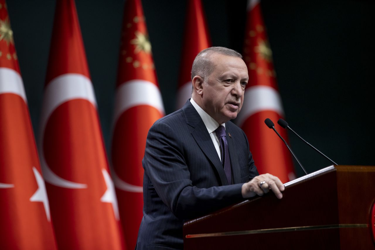 Turkish President Recep Tayyip Erdogan makes a statement during a press conference at the Presidential Complex in Ankara, Turkey, on April 26.