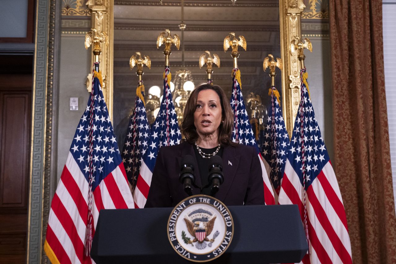 Vice President Kamala Harris speaks to the press in Washington, DC, on July 25.