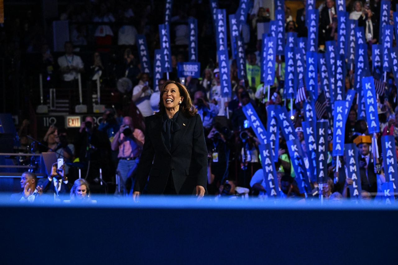 Vice President Kamala Harris walks on stage during the DNC on Thursday, August 22, in Chicago.