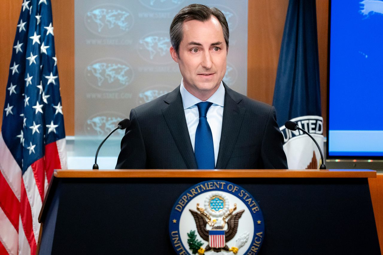 State Department spokesperson Matthew Miller speaks during a news briefing in Washington, DC in 2023. 