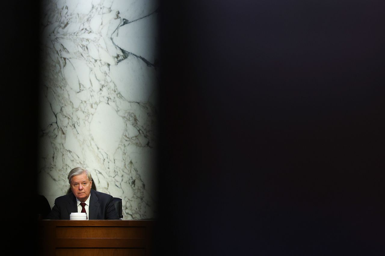 Senator Lindsey Graham?questions Peiter Zatko during a Senate Judiciary Committee in Washington, on September 13.