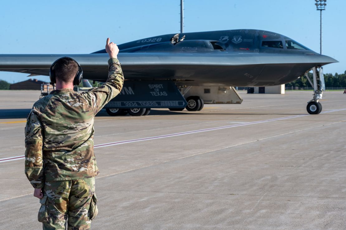 The B-2 Spirit stealth bomber gets cleared for takeoff at Whiteman Air Force Base, Missouri, in July 2024.