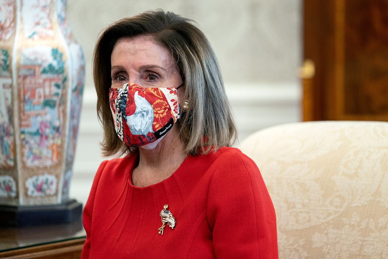 Speaker of the House Nancy Pelosi meets with President Joe Biden and House committee chairs in the Oval Office at the White House on February 5 in Washington, DC.?