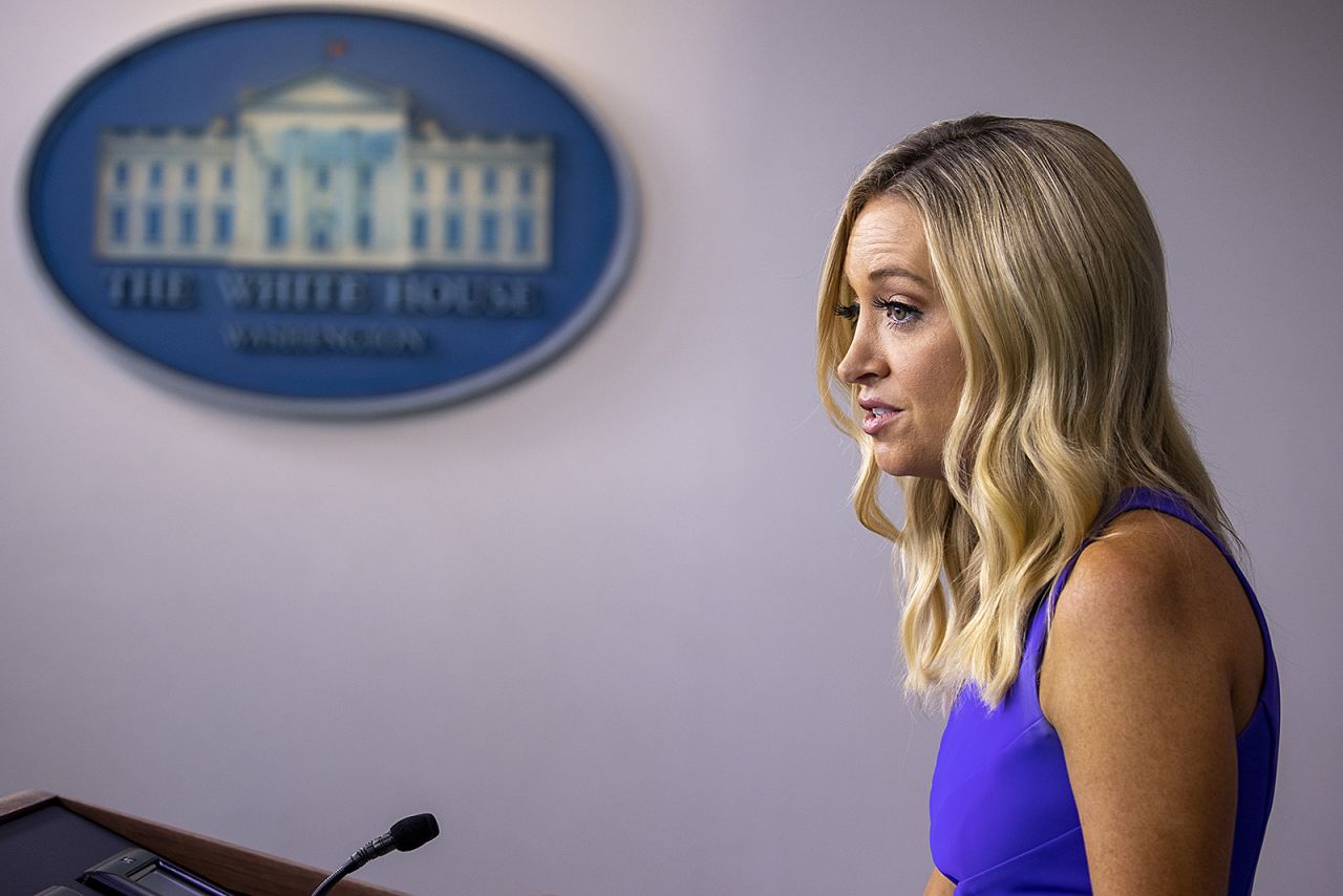 White House Press Secretary Kayleigh McEnany speaks during a press briefing at the White House on August 13 in Washington.