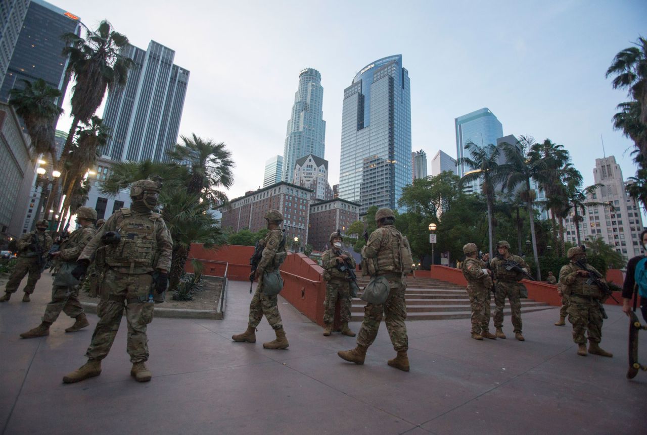 Members of the California National Guard patrol Los Angeles on Sunday, May 31.