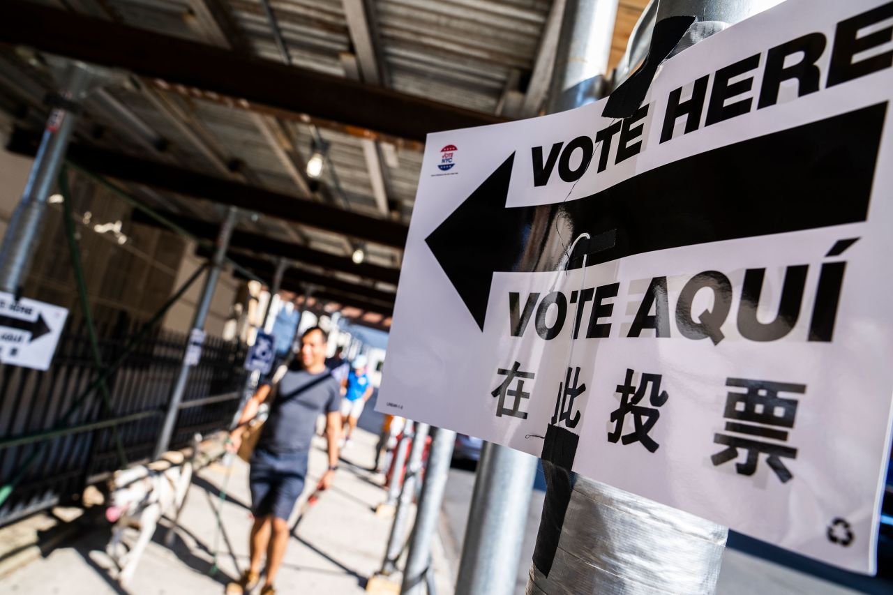 A voting sign is seen at a polling place in the Park Slope neighborhood of Brooklyn, New York, on August 20.