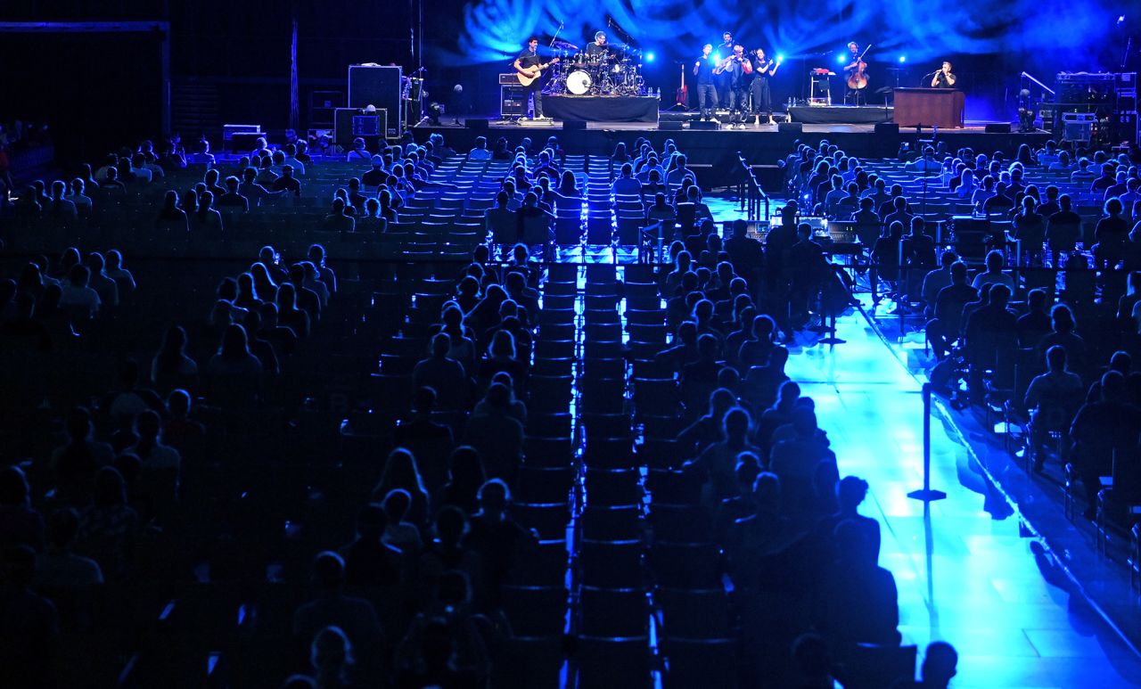 Pop singer Tim Bendzko performs during a large-scale experiment of the University Medicine Halle/Saale in the Arena Leipzig on August 22.