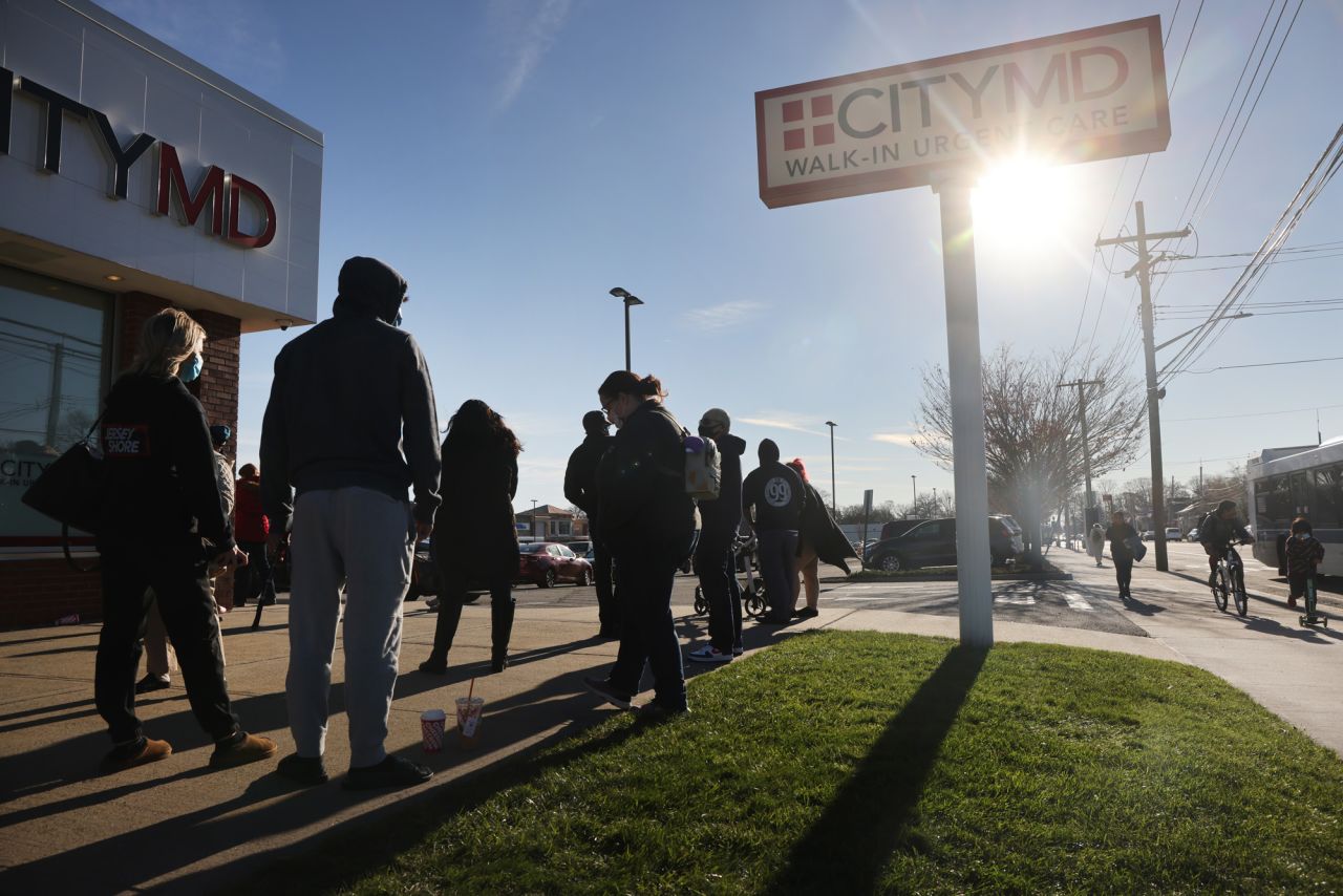 People wait in line for a COVID-19 test at a medical clinic near the Staten Island neighborhood of Tottenville on November 20 in New York City, New York.