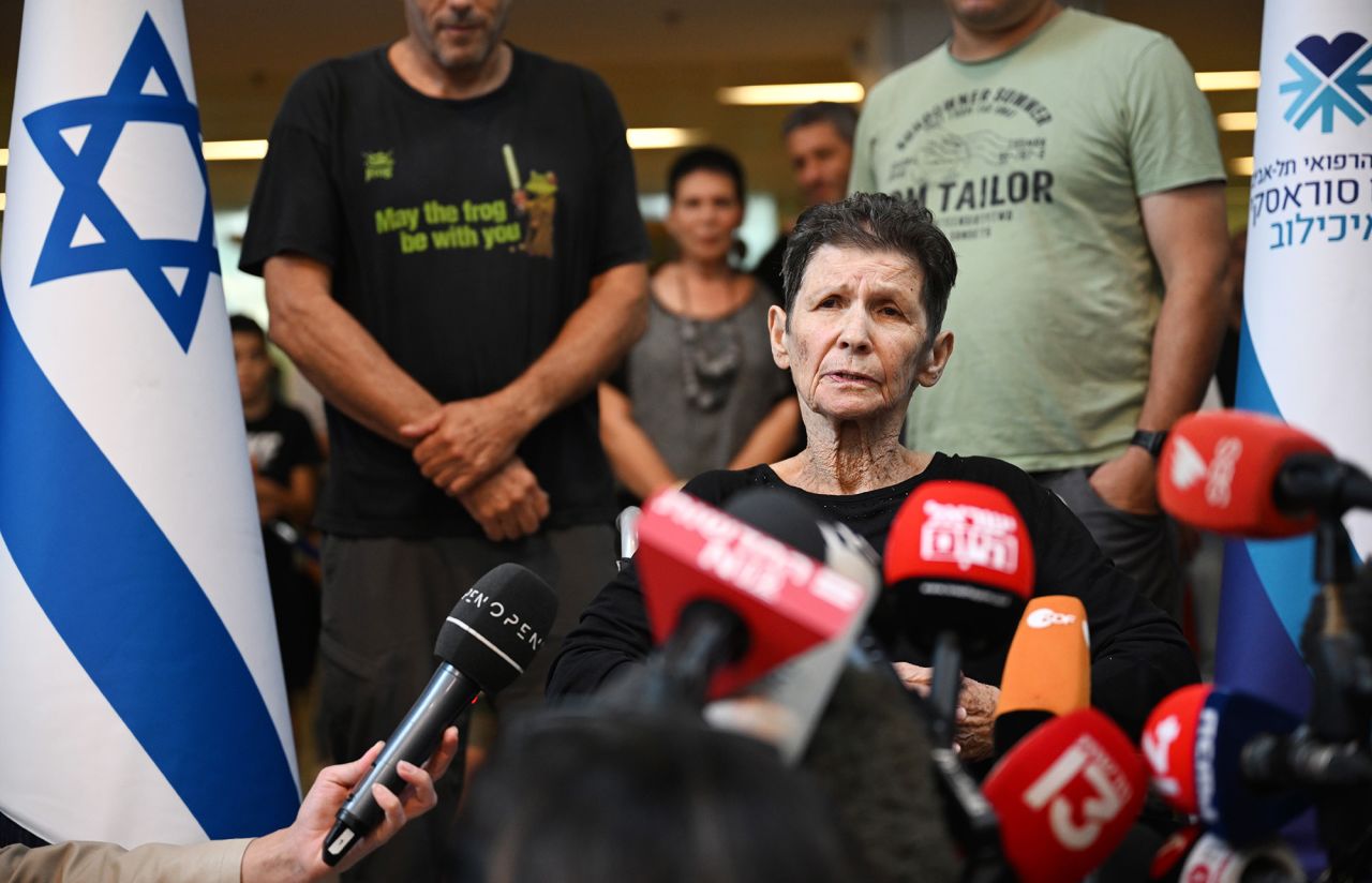 Yocheved Lifshitz speaks to the media outside Ichilov Hospital after she was released by Hamas in Tel Aviv, Israel, on October 24.