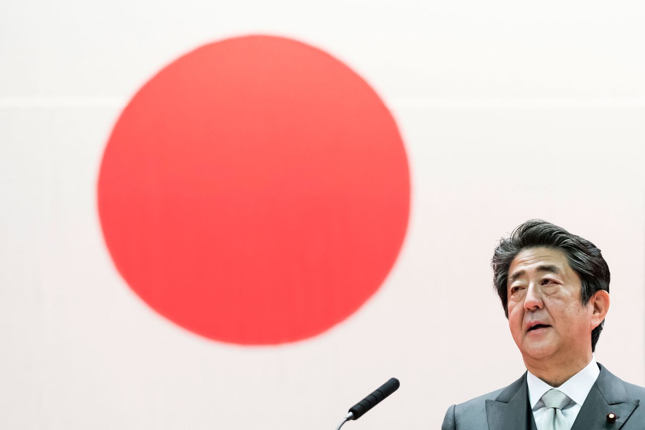 Japan's Prime Minister Shinzo Abe speaks during the graduation ceremony of the National Defense Academy on March 22, 2020 in Yokosuka, Japan.