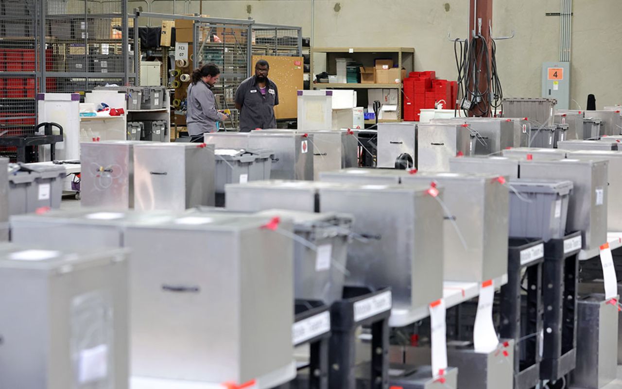 Clark County Election Department workers examine mail ballot drop boxes before they went out to polling places at the Clark County Election Department's main building on October 20,  in North Las Vegas, Nevada. 