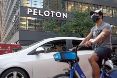 A Peloton office sign is seen ion New York in July 2020.