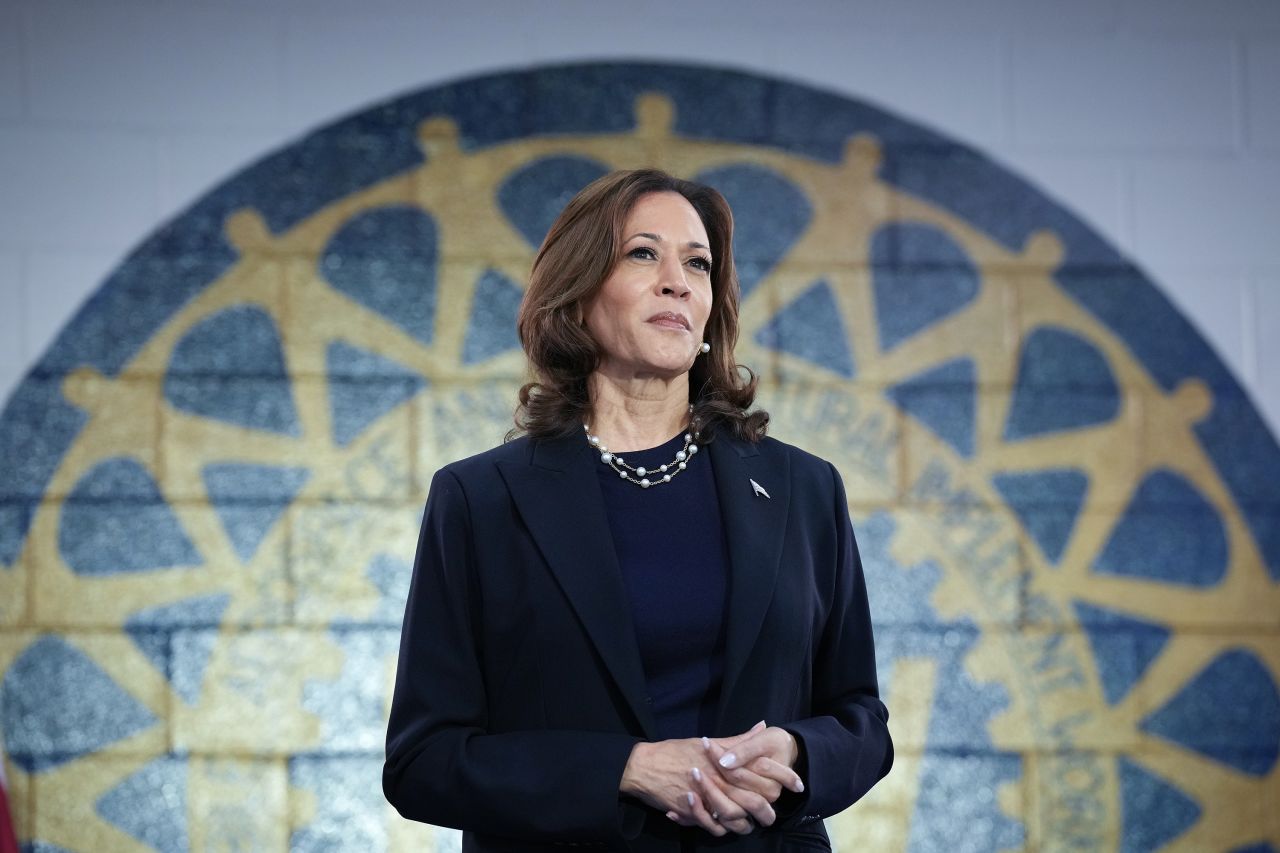 Vice President Kamala Harris waits to speak at a campaign rally at United Auto Workers Local 900 on August 8, in Wayne, Michigan.