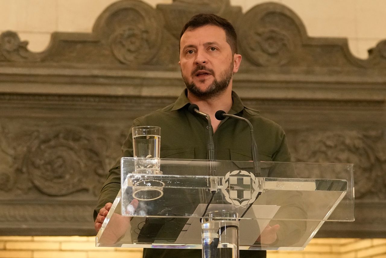 Volodymyr Zelenskyy speaks during a news conference in Athens, Greece, on August 21.