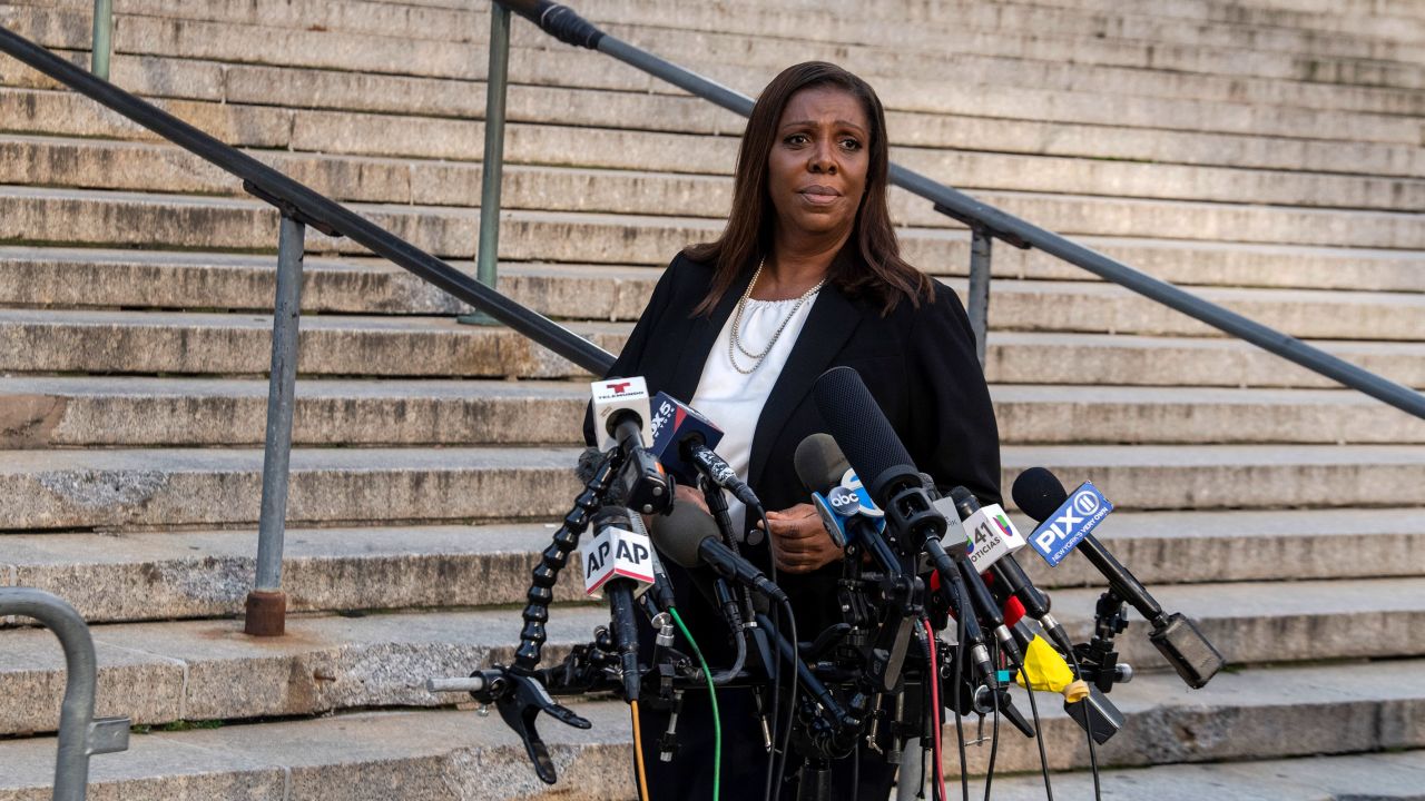 New York Attorney General Letitia James arrives outside New York Supreme Court ahead of former President Donald Trump's civil business fraud trial on Monday in New York.