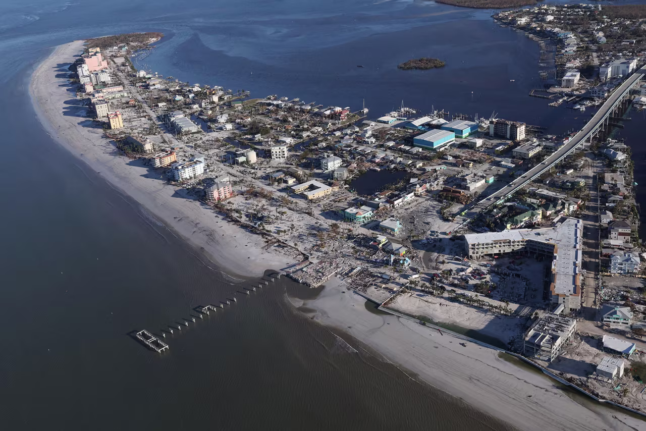 An aerial view of damaged properties after Hurricane Ian caused widespread destruction in Fort Myers Beach, Florida.