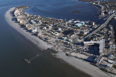 An aerial view of damaged properties after Hurricane Ian caused widespread destruction in Fort Myers Beach, Florida.