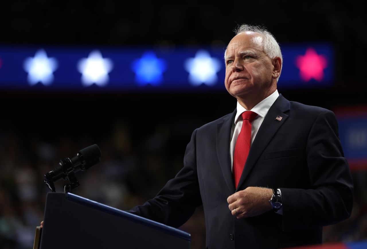 Minnesota Gov. Tim Walz speaks during a campaign rally at the University of Las Vegas Thomas & Mack Center on August 10 in Las Vegas, Nevada.