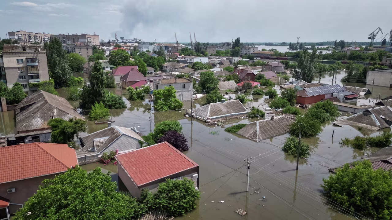 An aerial view of flooding in Kherson after the Nova Kakhovka dam breach on June 7. 