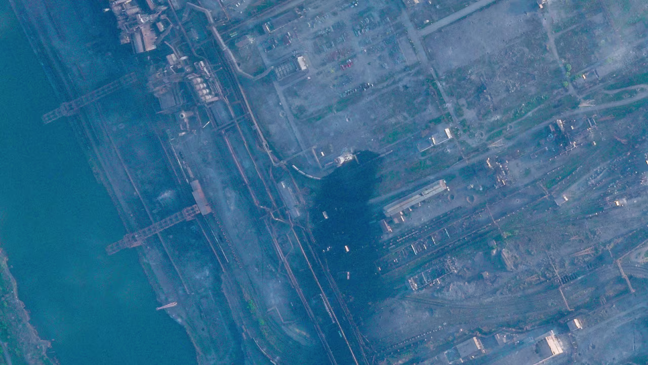 This satellite image shows smoke rising at the Azovstal steelworks in Mariupol, Ukraine, on Wednesday, May 4.