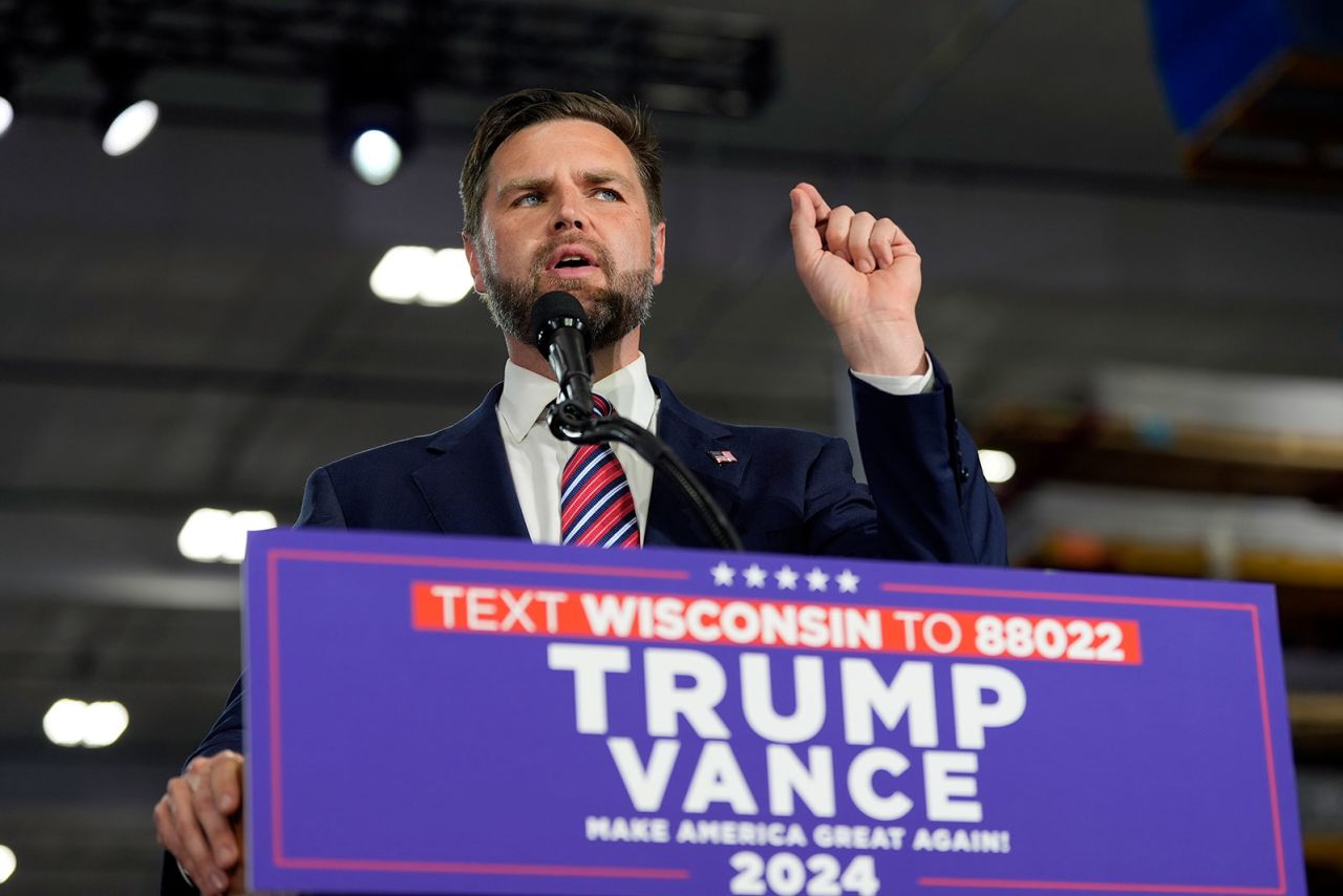 Ohio Sen. JD Vance speaks at a campaign event Wednesday, August 28, in DePere, Wisconsin. 