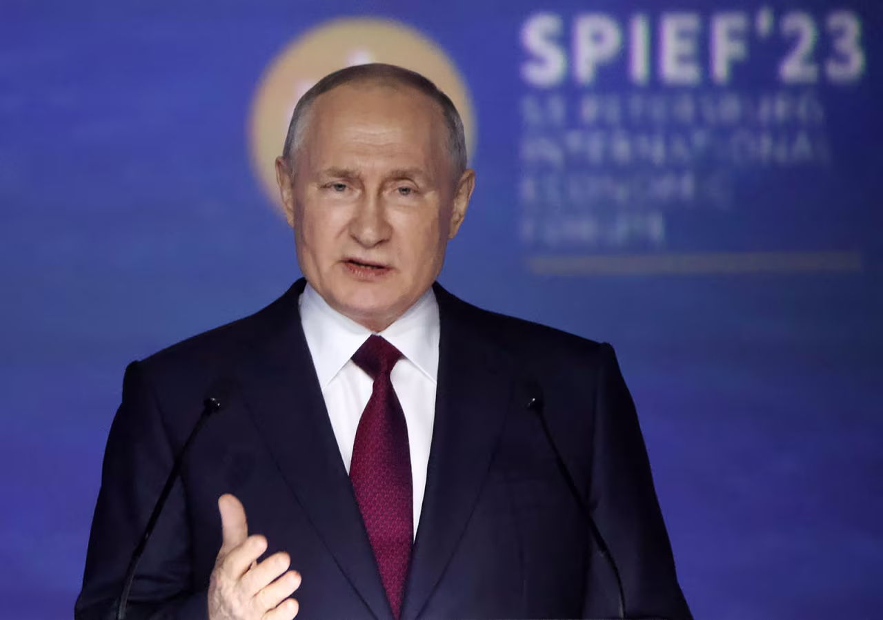 Putin speaks at the SPIEF 2023 St.Petersburg International Economic Forum on June 16, in Saint Petersburg, Russia.