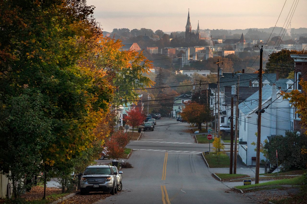 An empty street is seen in Auburn, Maine, early Friday, October 27. 