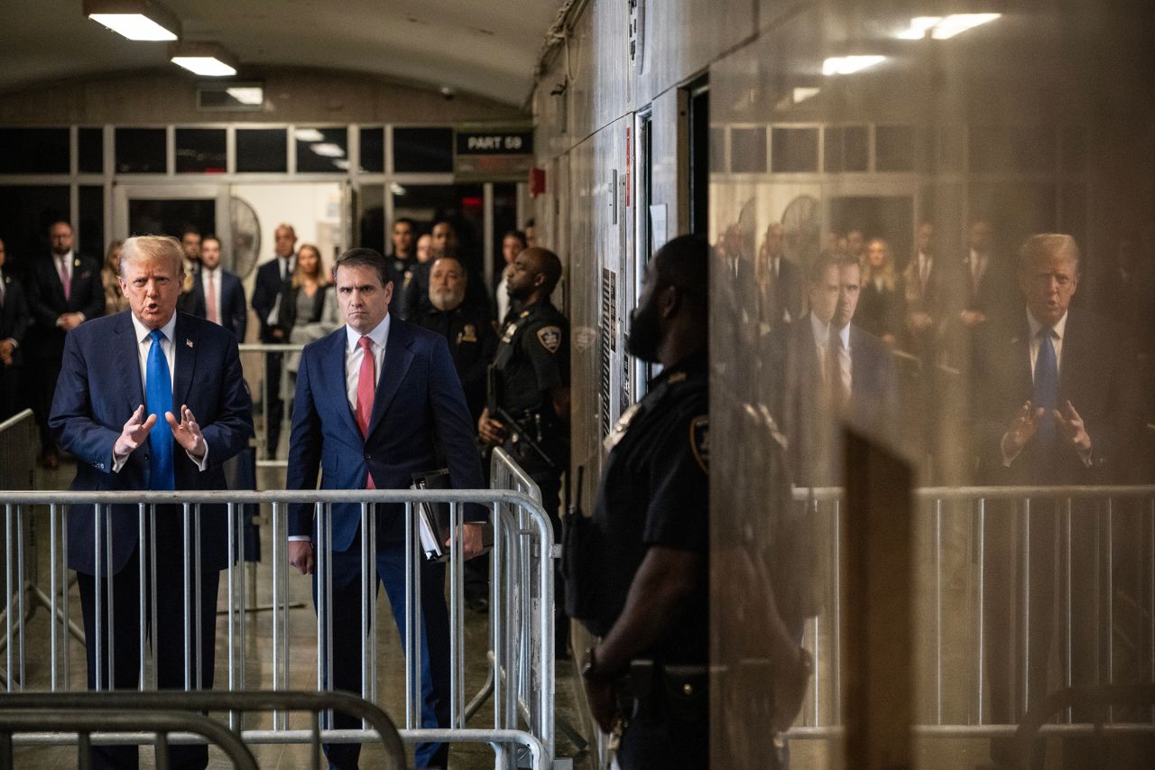 Former President Donald Trump speaks to the media outside Manhattan Criminal Court for his trial for allegedly covering up hush money payments on April 22, in New York City. 