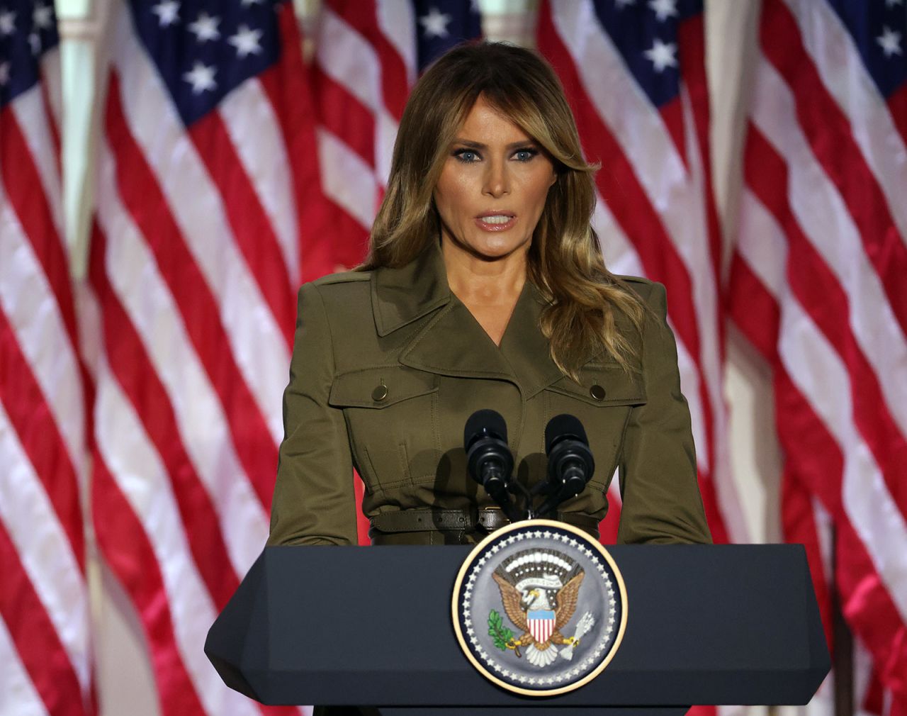 First Lady Melania Trump addresses the Republican National Convention from the Rose Garden at the White House on August 25, in Washington. 