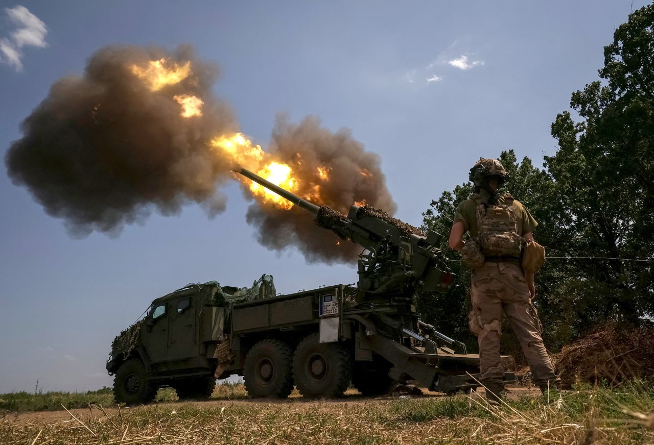 A Ukrainian serviceman of the 57th Kost Hordiienko Separate Motorised Infantry Brigade fires a 2S22 Bohdana self-propelled howitzer towards Russian troops at a position near the city of?Bakhmut?in Donetsk region, Ukraine on July 5.