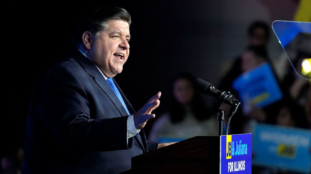 Pritzker speaks after winning reelection on Tuesday, November 8, in Chicago. 