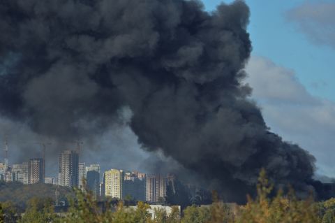 Smoke rises over the city of Kyiv, Ukraine, on October 10.