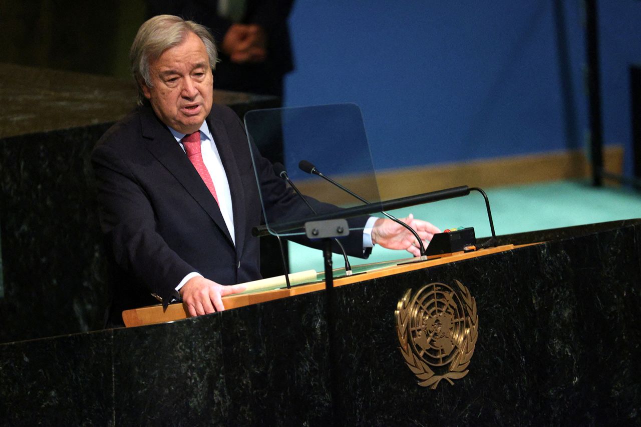 United Nations Secretary-General?Antonio?Guterres?addresses the 77th Session of the United Nations General Assembly on Tuesday. 