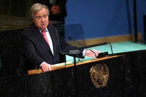 United Nations Secretary-General Antonio Guterres addresses the 77th Session of the United Nations General Assembly on Tuesday. 
