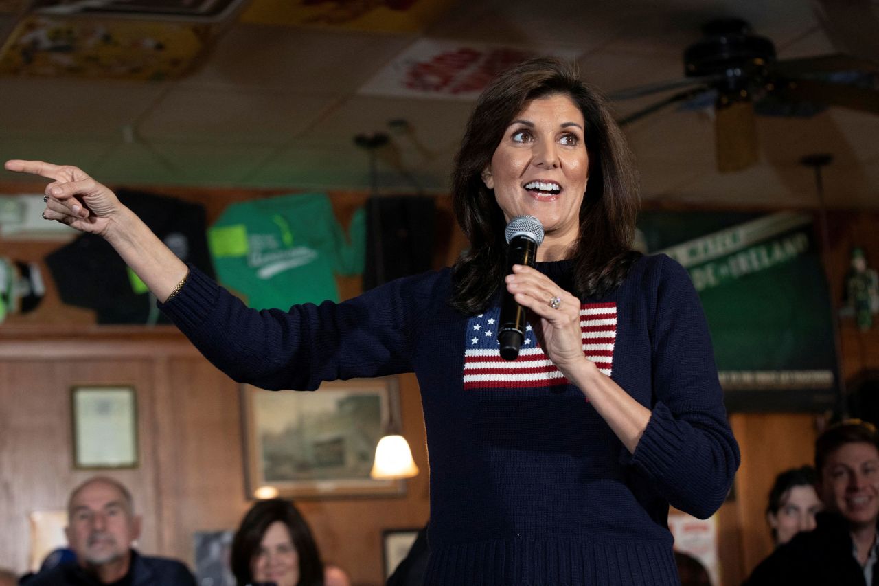 Republican presidential candidate and former US Ambassador to the United Nations Nikki Haley speaks to a crowd in Waukee, Iowa, on Tuesday.