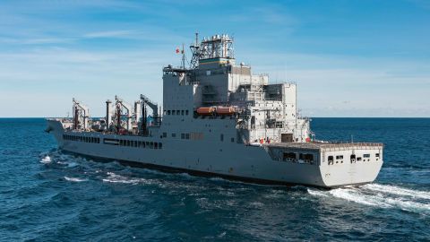 The John Lewis-class replenishment oiler USNS Harvey Milk (T-AO-206) conducts a replenishment at sea with the world’s largest aircraft carrier, USS Gerald R. Ford (CVN 78), December 13, 2024.