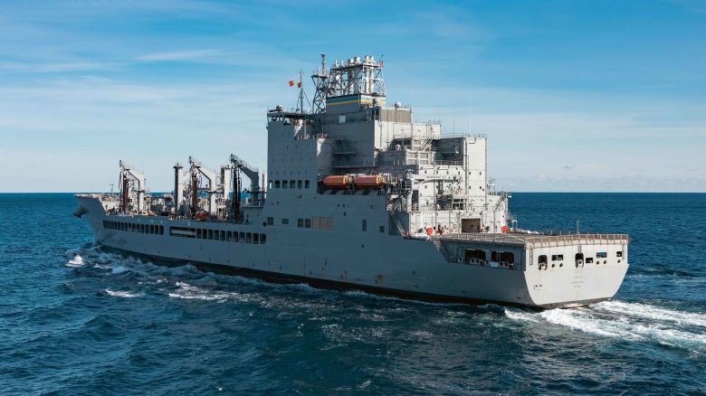 The John Lewis-class replenishment oiler USNS Harvey Milk (T-AO-206) conducts a replenishment at sea with the world’s largest aircraft carrier, USS Gerald R. Ford (CVN 78), December 13, 2024.