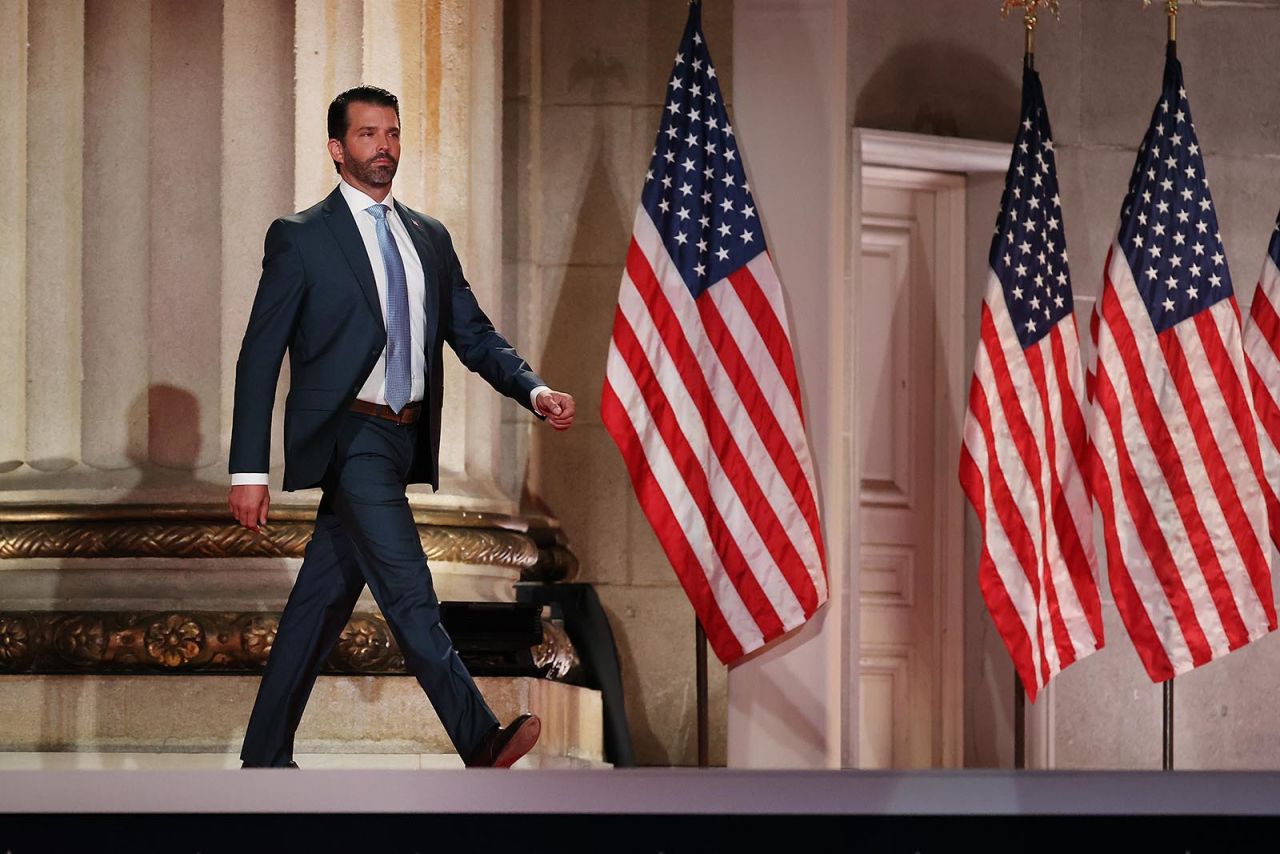 Donald Trump Jr. steps out on stage before pre-recording his address to the Republican National Convention at the Mellon Auditorium on August 24, in Washington.