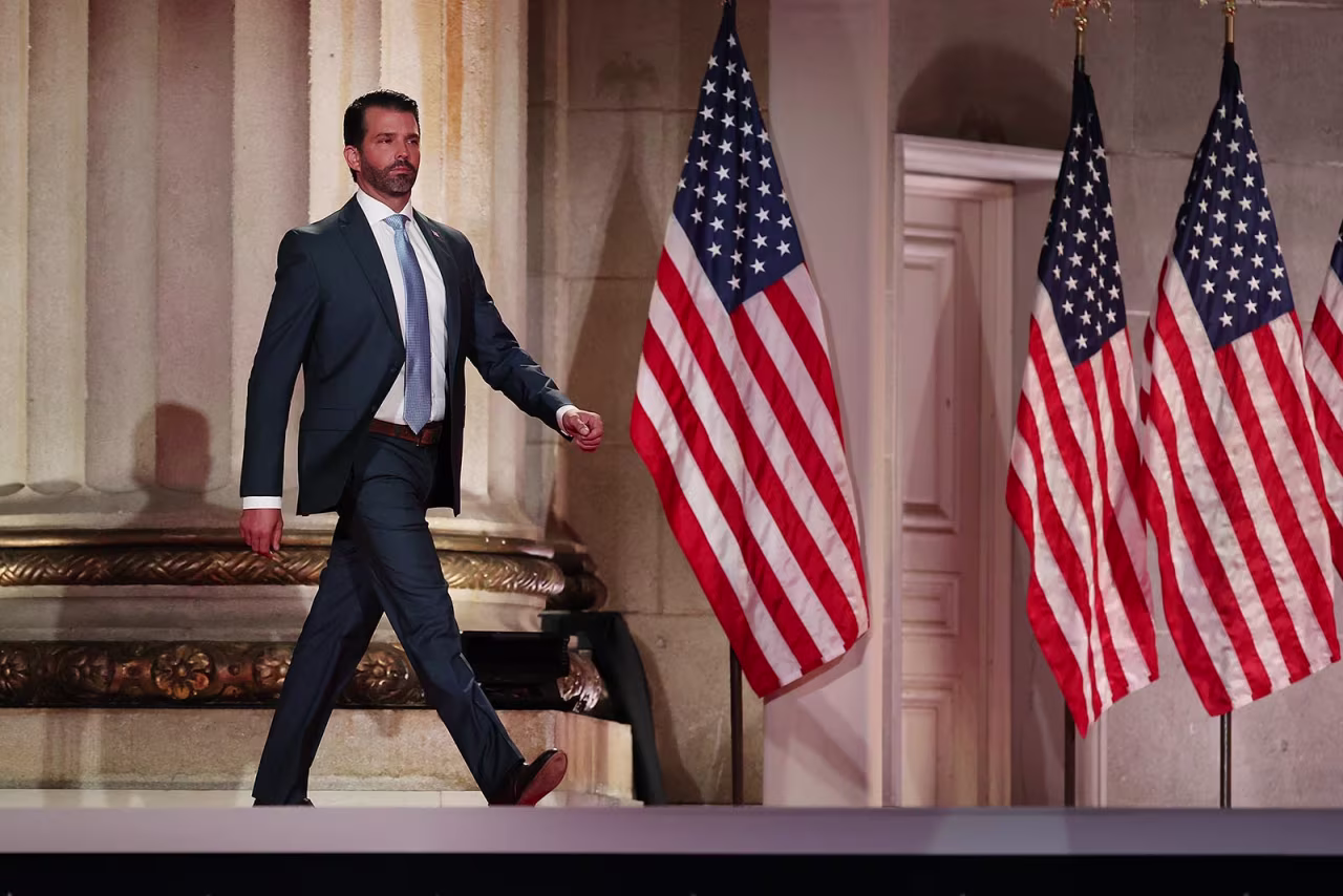 Donald Trump Jr. steps out on stage before pre-recording his address to the Republican National Convention at the Mellon Auditorium on August 24, in Washington.