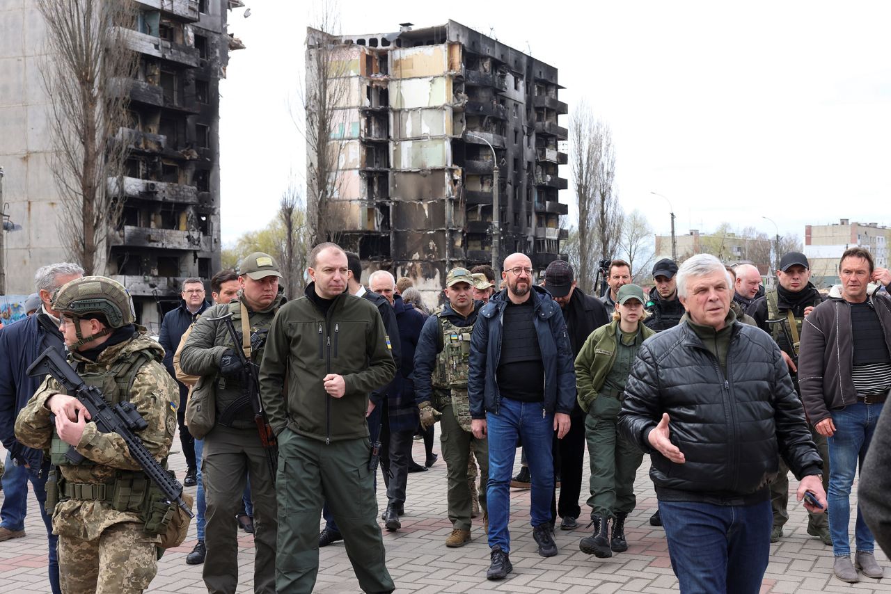 European Council President Charles Michel walks near damaged buildings in Borodyanka,?Ukraine, on?April 20.