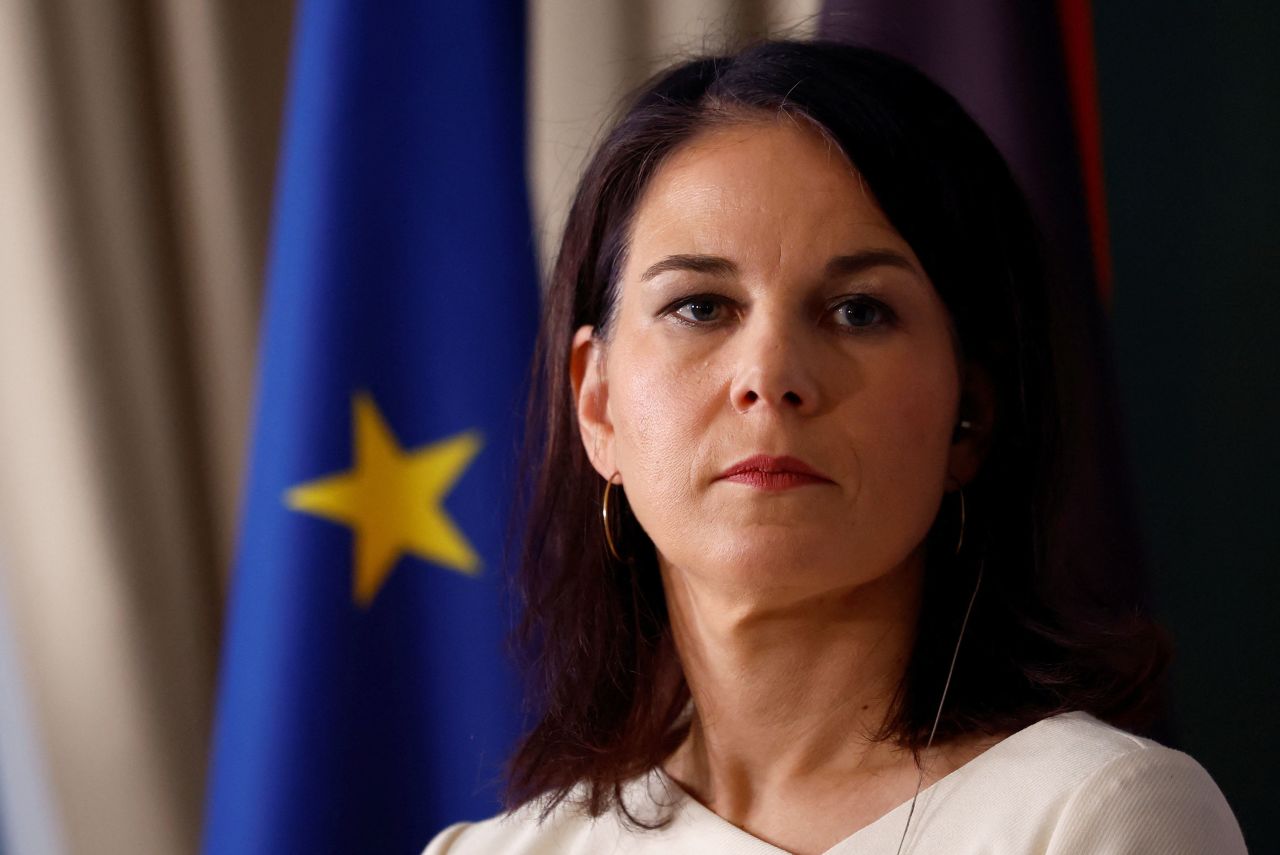 German Foreign Minister Annalena Baerbock attends a press conference at the Chateau de La Celle Saint-Cloud near Paris on February 12. 