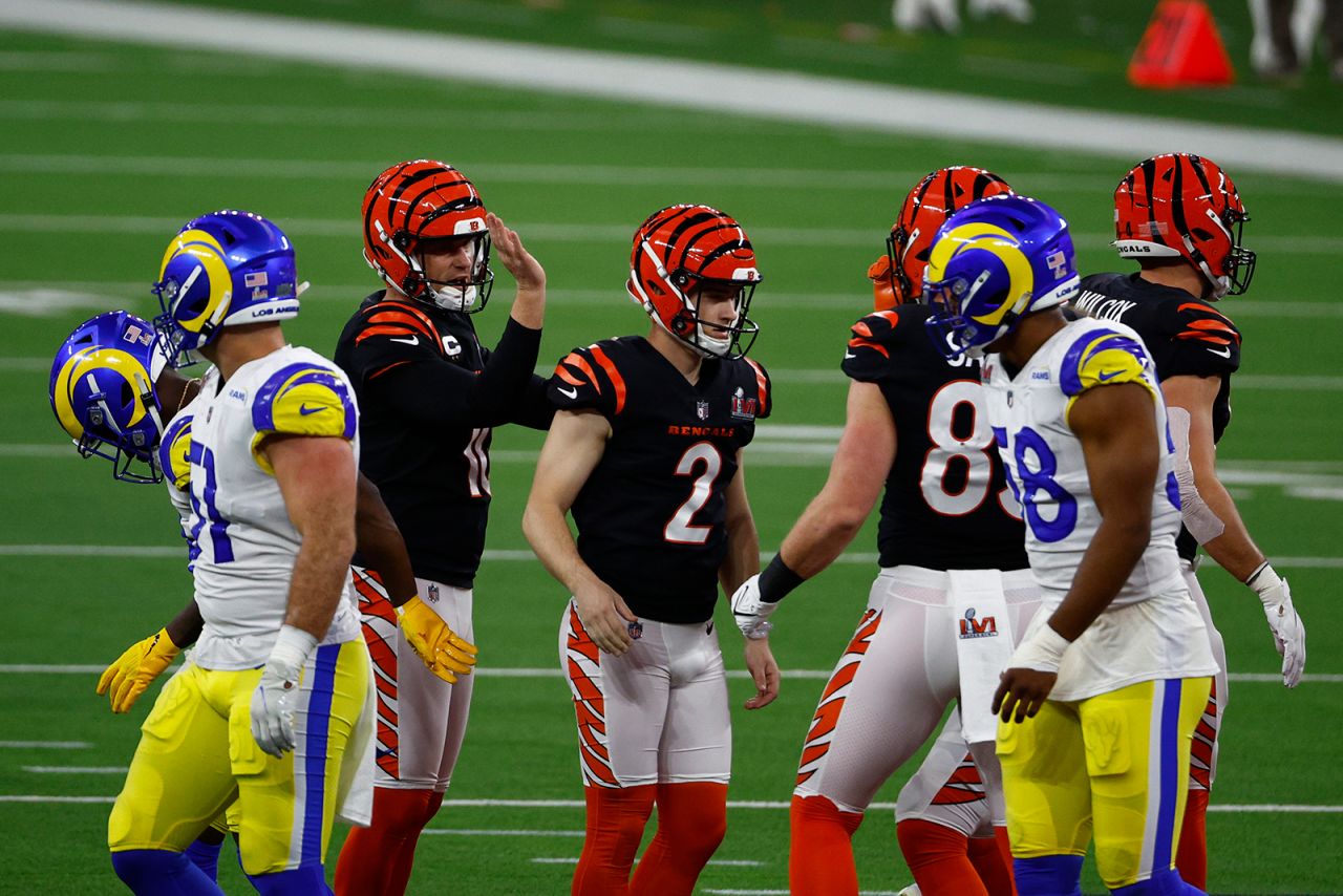 Evan McPherson of the Cincinnati Bengals reacts with teammates after a successful field goal in the third quarter.