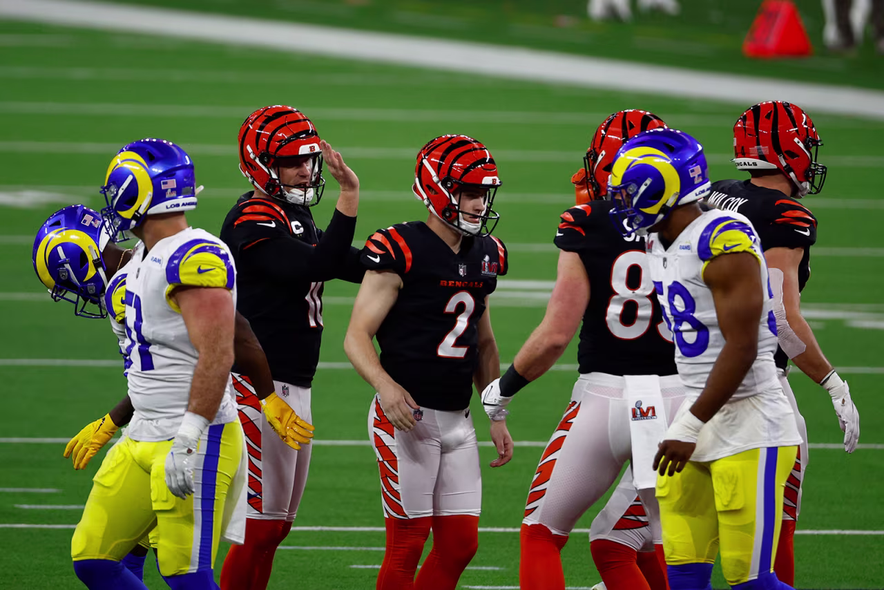 Evan McPherson of the Cincinnati Bengals reacts with teammates after a successful field goal in the third quarter.