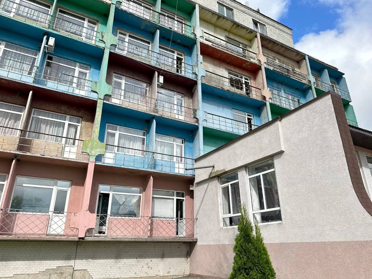 A general view shows a damaged sanatorium following an alleged Ukrainian drone attack in the village of Lavy in the?Belgorod?region, Russia, in this handout picture dated August 23, 2023.?