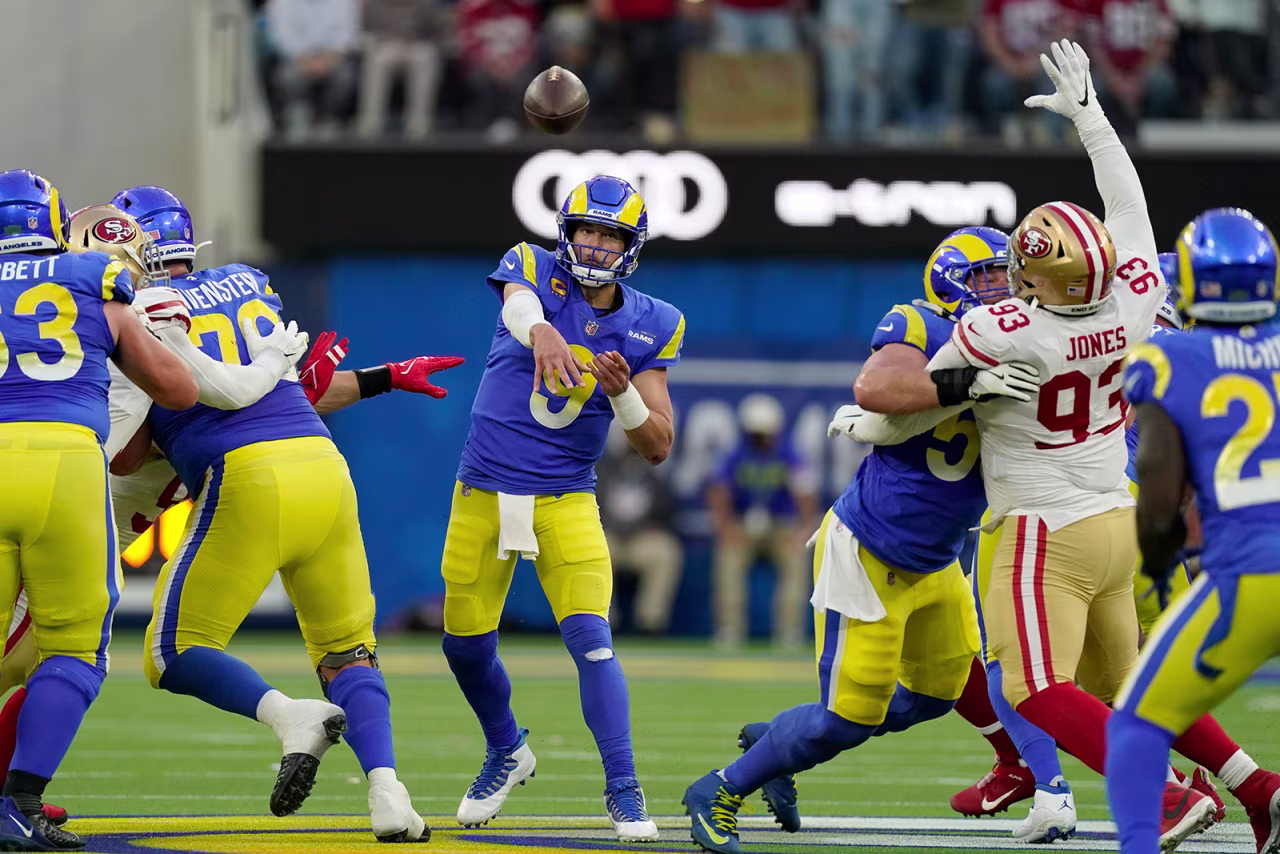 Los Angeles Rams' Matthew Stafford throws during the first half of the NFC Championship NFL football game against the San Francisco 49ers on Sunday.