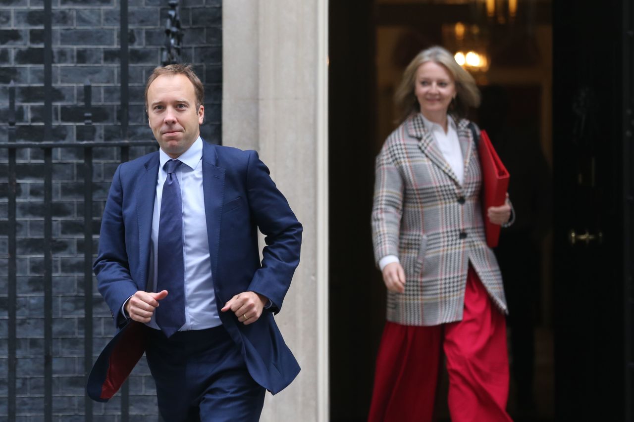 Health Secretary Matt Hancock and International Trade Secretary Liz Truss leave 10 Downing Street following the meeting.