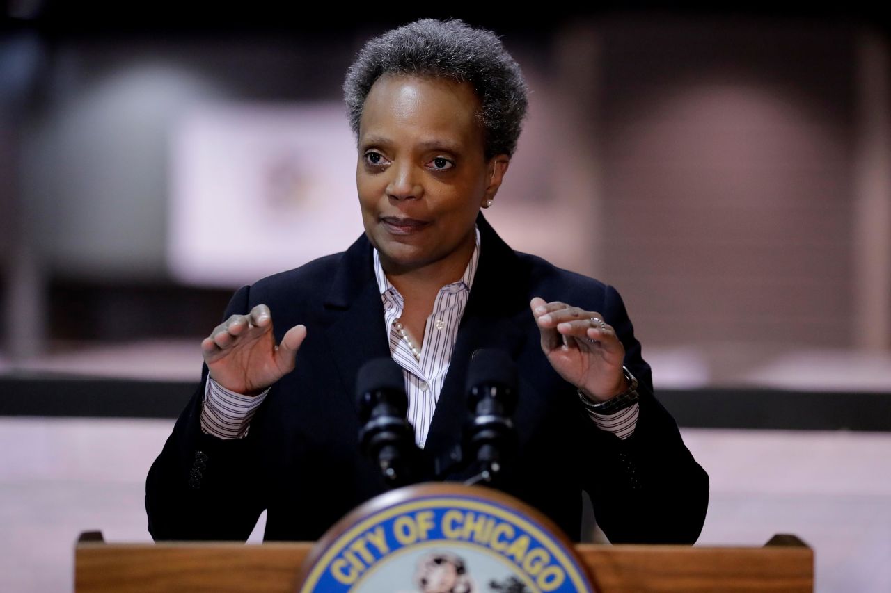 Chicago Mayor Lori Lightfoot speaks during a news conference in Chicago, Friday, April 10.